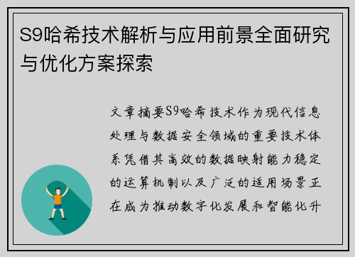 S9哈希技术解析与应用前景全面研究与优化方案探索